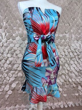 Small Tropical Print Strapless Dress Blue Orchid Palm Leaf Waist Tie Ruffle Hem